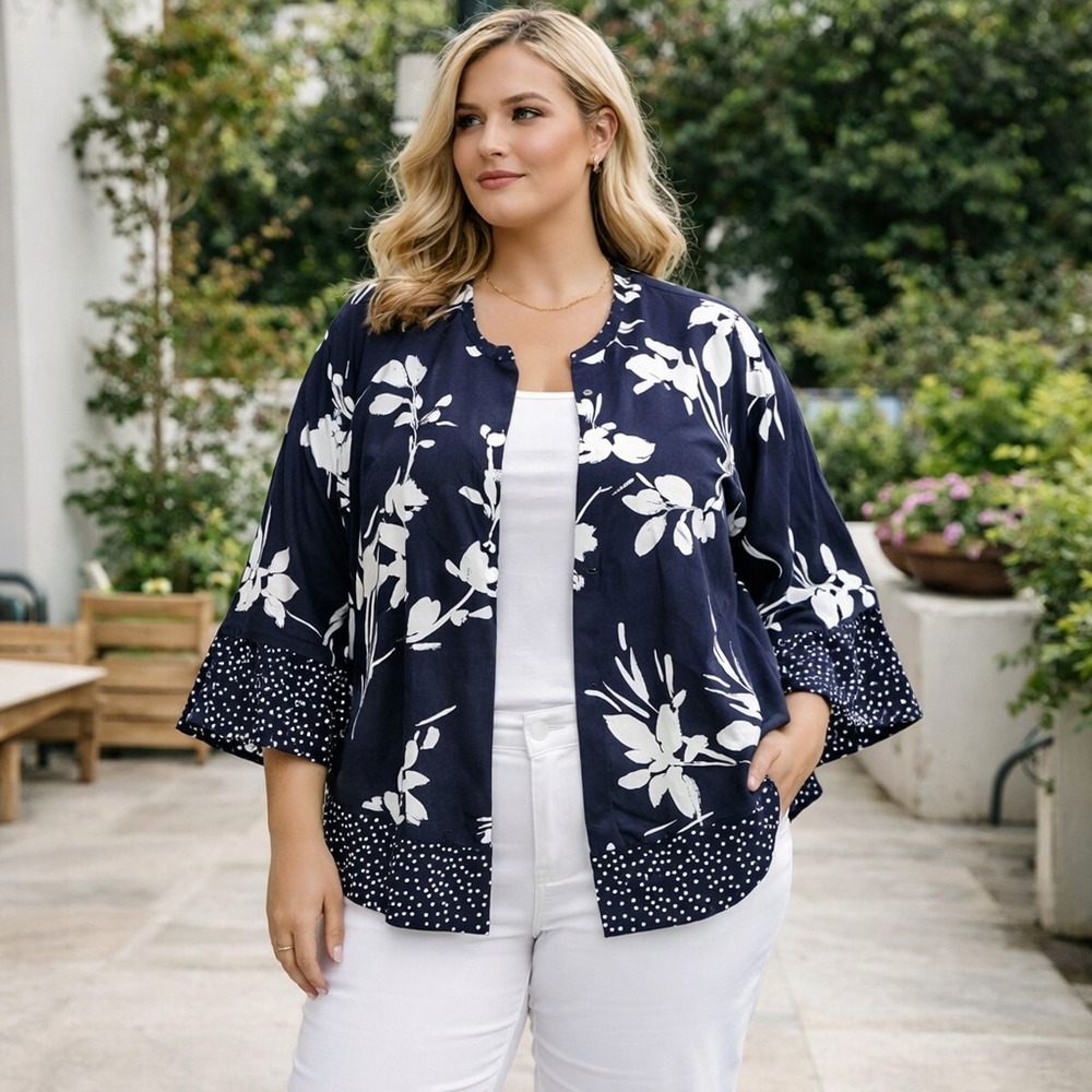 Cynthia Rowley Jacket Womens 1X Floral Dotted Linen Blend Open Belle Sleeve‎ NEW